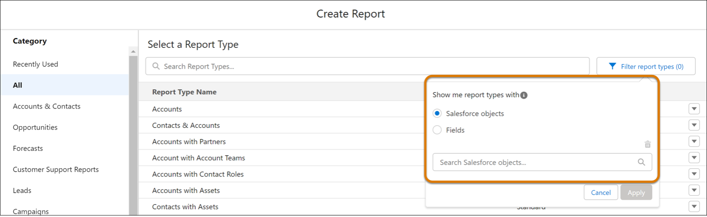 Illustration of how to Filter Report Types by Objects or Fields in Salesforce