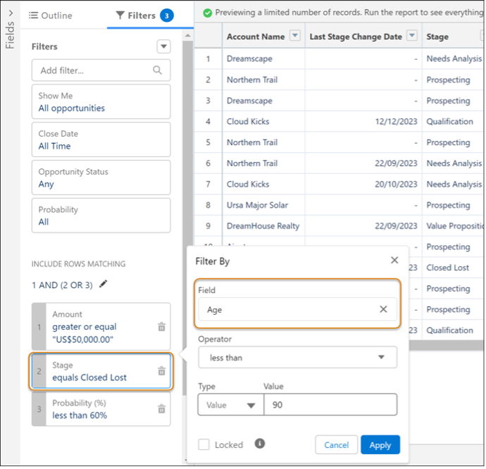 Illustration of how to Update Fields in Lightning Report Filter in Salesforce