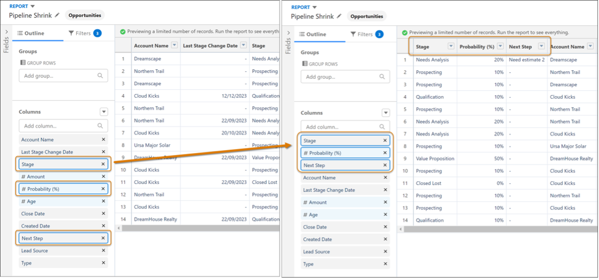 Illustration of how to Rearrange Multiple Lightning Report Columns at Once