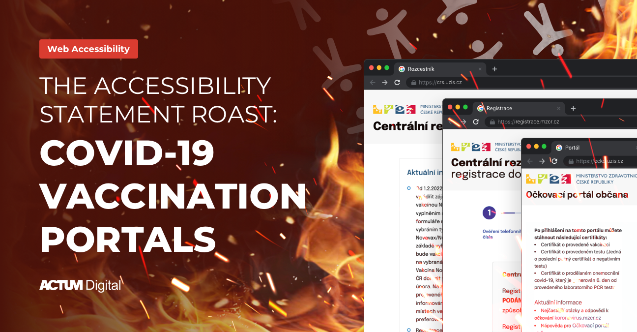 Cover image for the article with screens of several Covid-19 vaccination websites and headline: The accessibility statement roast: Covid-19 vaccination portals