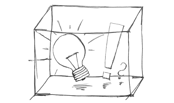 Drawing of a lightbulb and exclamation marks in a transparent box.