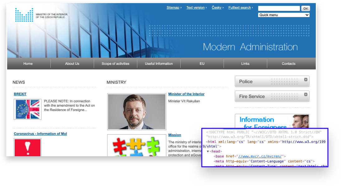 Printscreen showing one of the English pages on the Ministry of the Interior of the Czech Republic website with another printscreen of a small portion of source code mentioning lang attribute and value