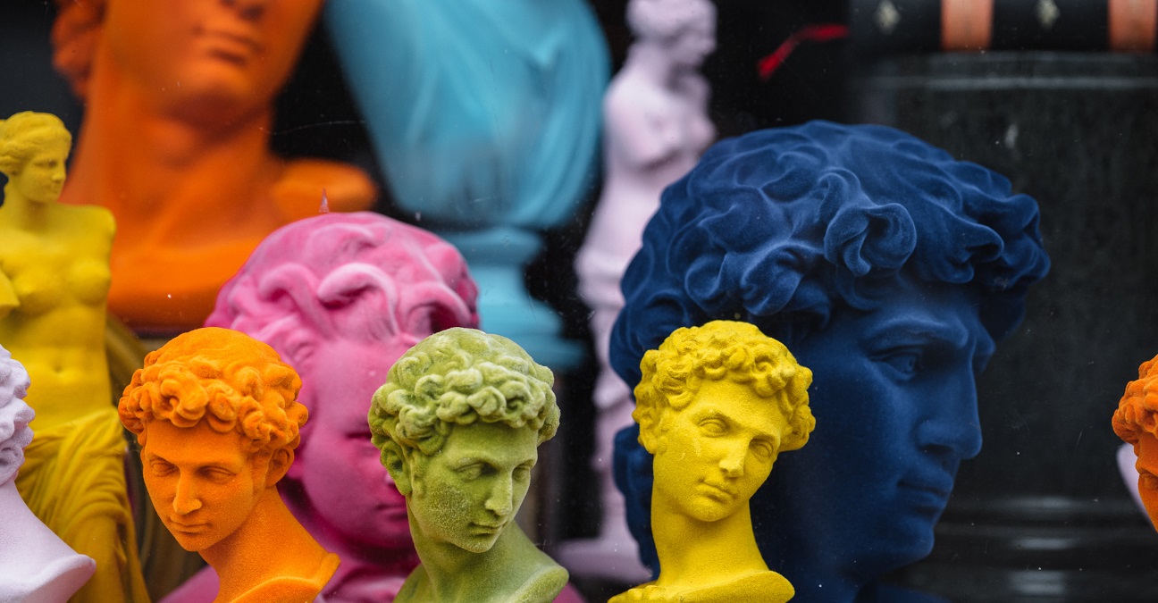 colourful art sculptures of profiles
