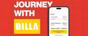 Reise mit BILLA-Text und Smartphone, das Zusammenfassung zum Online-Einkauf zeigt