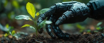 Robotarm verzorgt een klein groen plantje in de aarde.