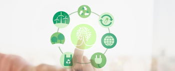 Sustainability icons surrounding a tree symbol