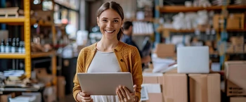 Žena se usmívá a drží tablet ve skladu